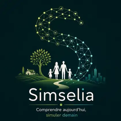 Affiche Simselia : un S en graphe relie une famille, une maison de campagne, un arbre et une ville